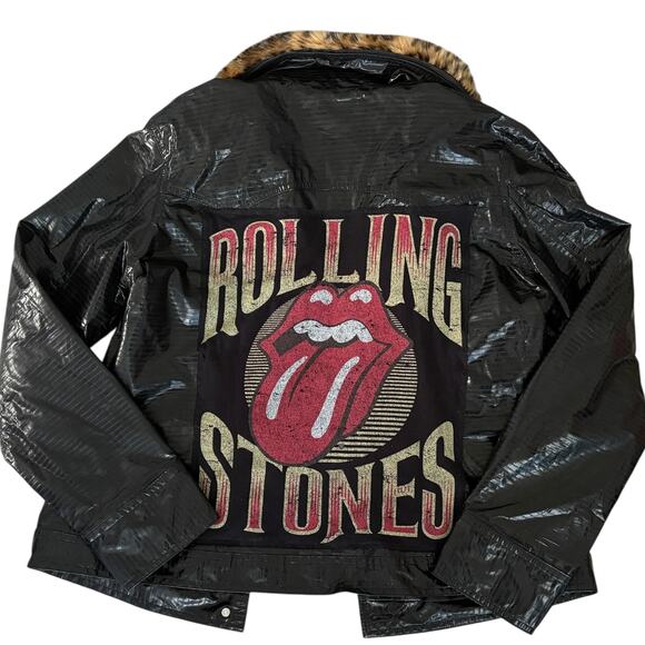 Y2K Leopard Fur Collar Croc Vinyl Jacket Upcycled Rolling Stones Glam Rock Black - Picture 11 of 11